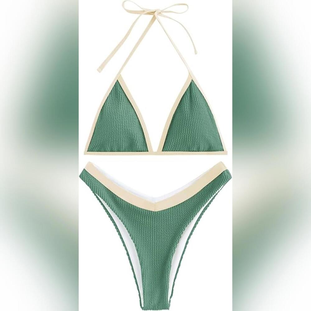 NWOT ZAFUL Elegant Textured Triangle High Cut Swimsuit Bikini Set, Size 8-10
